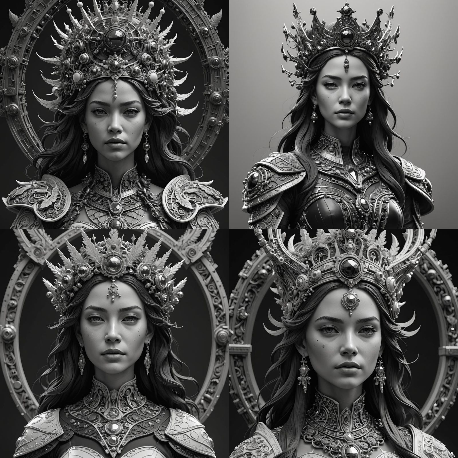 a black and white sculpture of a woman with an elaborate cro...