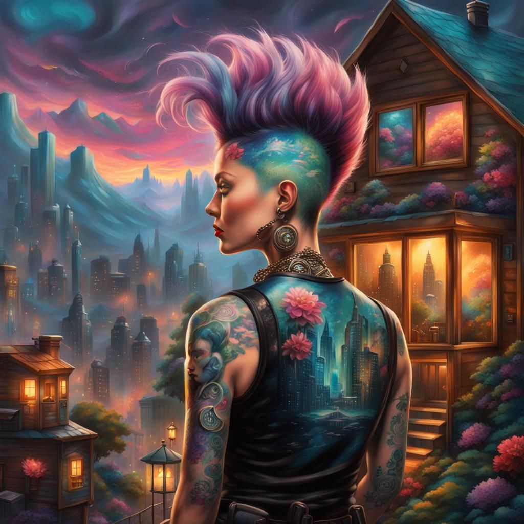 Cyberpunk Woman with Mohawk and Floral Tattoo