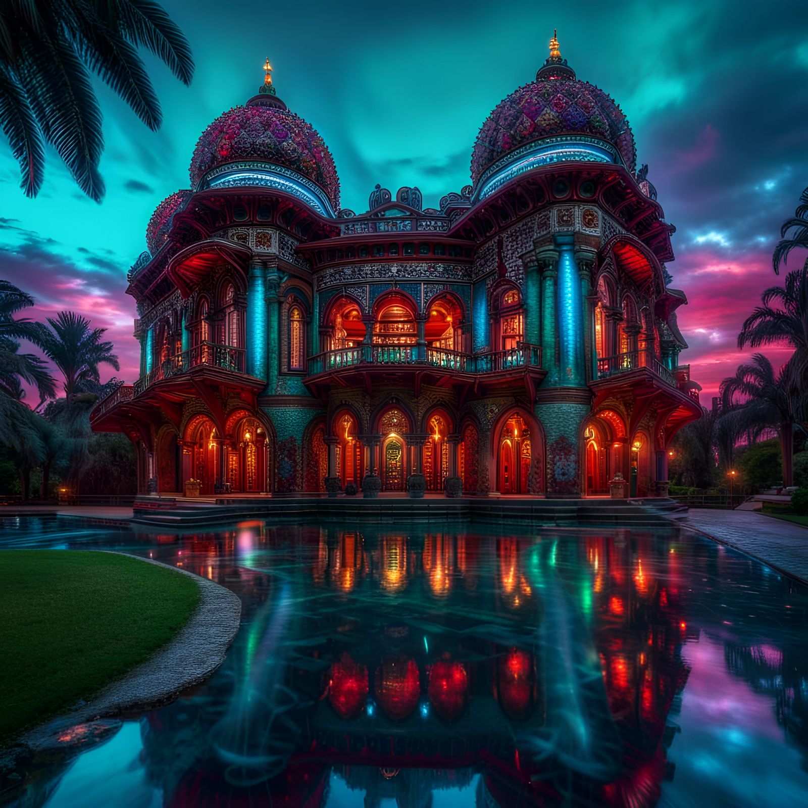 Jewel Encrusted Palace at Sunset: Hyperrealistic Image