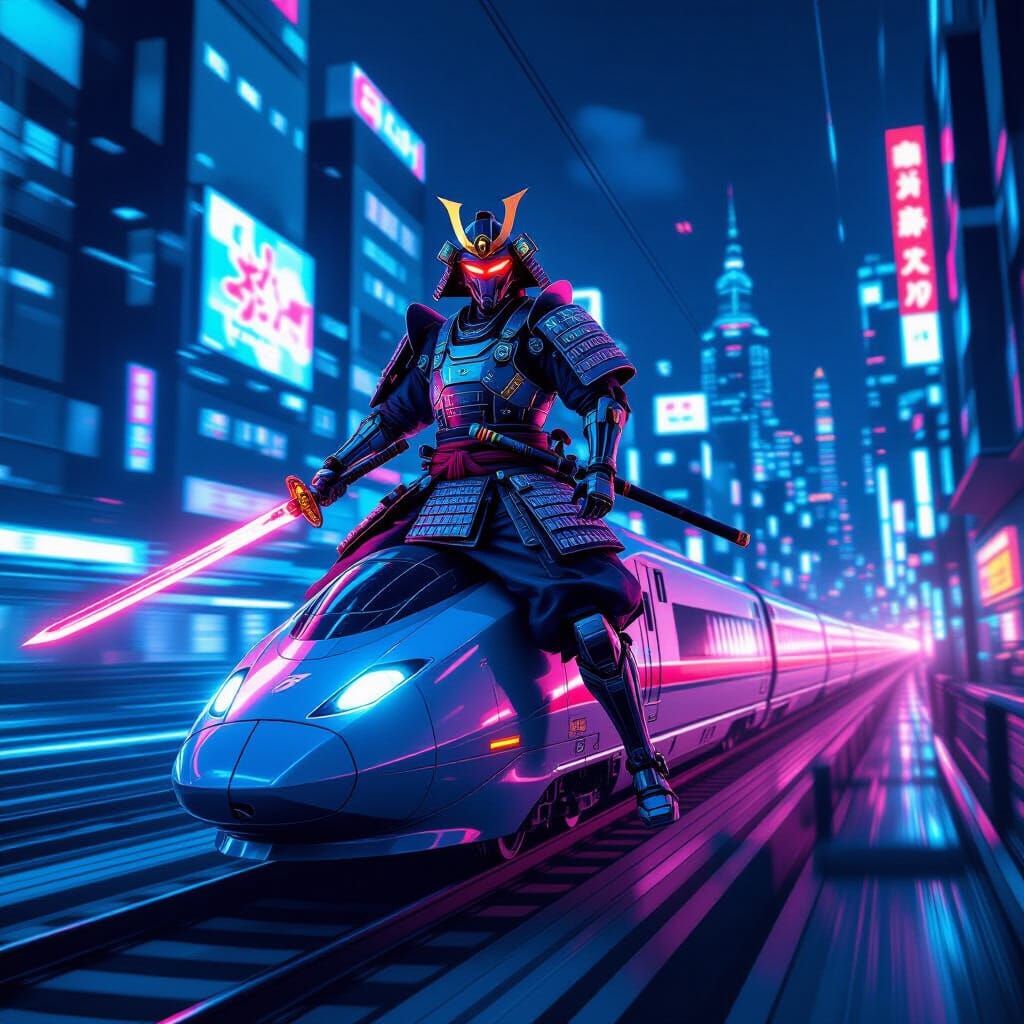 Cyborg Samurai on Bullet Train in Cyberpunk City
