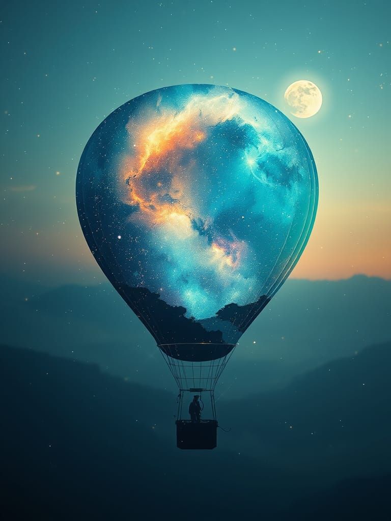 Hot Air Balloon Galaxy Double Exposure in Aqua, White, and G...