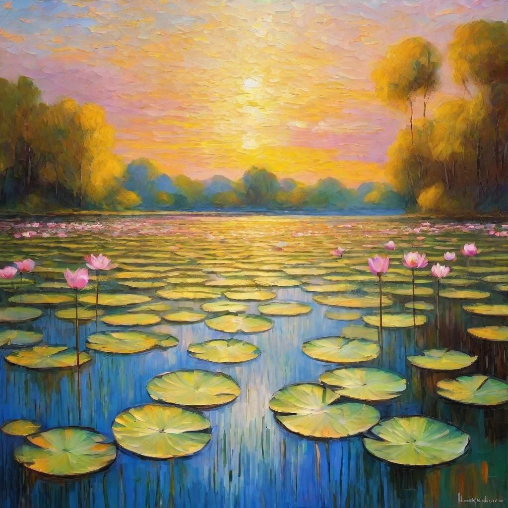 Lotus Field by Glass Lake: Neo-Impressionist Oil Painting