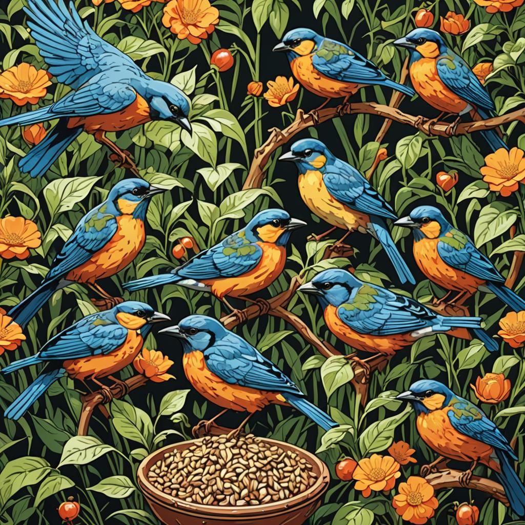 paint-by-numbers kit featuring a group of birds eating seeds