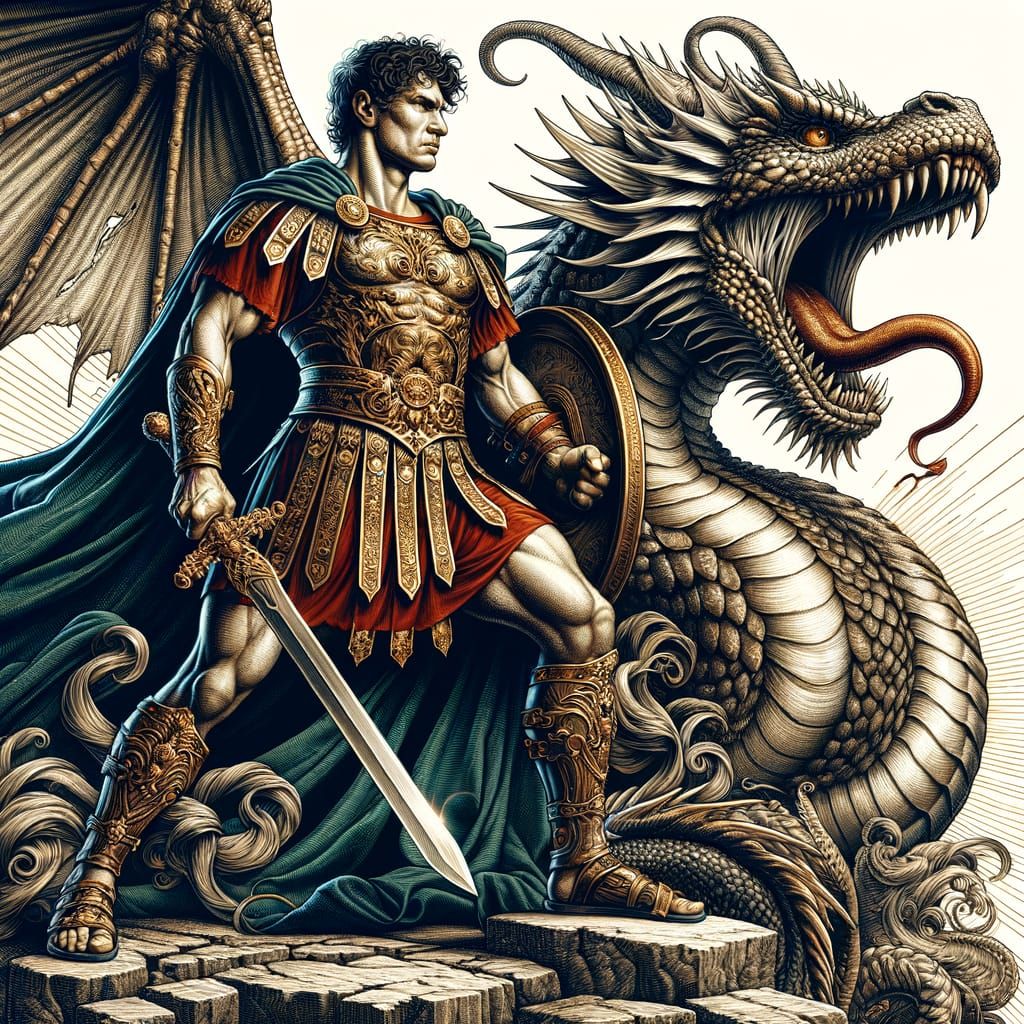 Roman Gladiator Defends Against Dragon in Renaissance Style