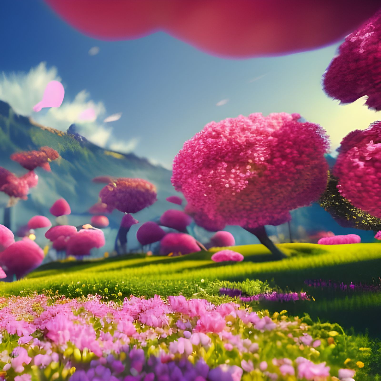 Sunny Valley Landscape with Pink Flowers