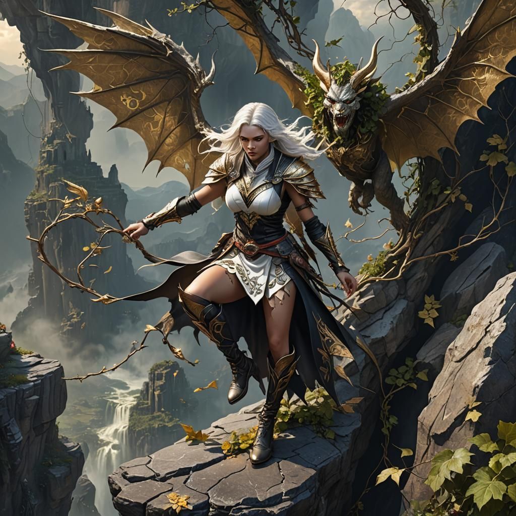 Sorceress and Winged Demon Over Abyss: Fantasy Art