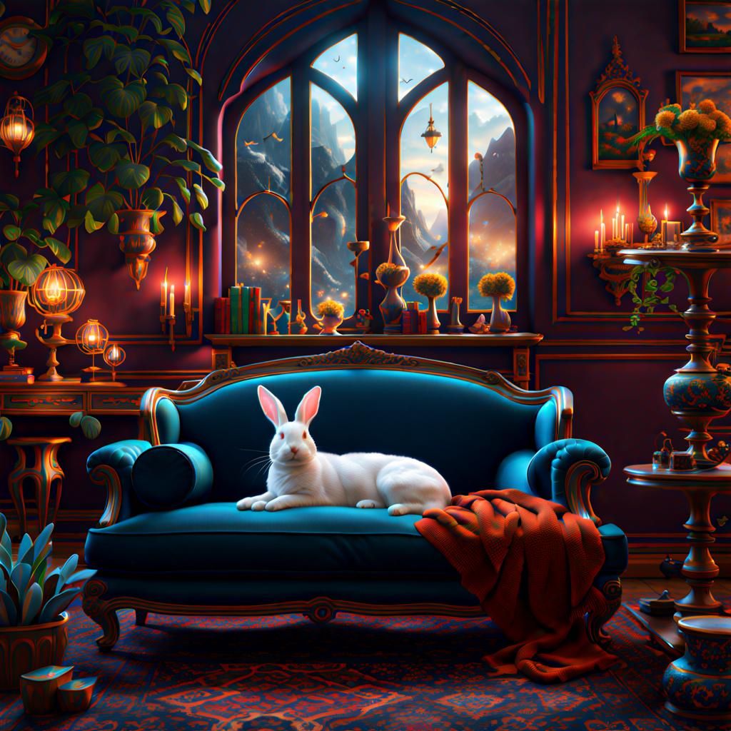 Rabbit-Cat Hybrid in Magical Living Room