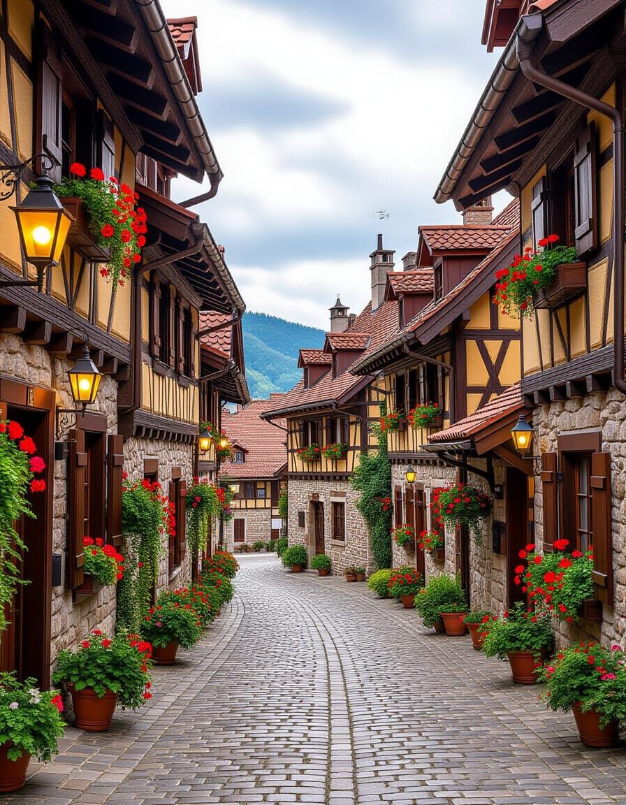 Charming Cobblestone Street in Quaint Village