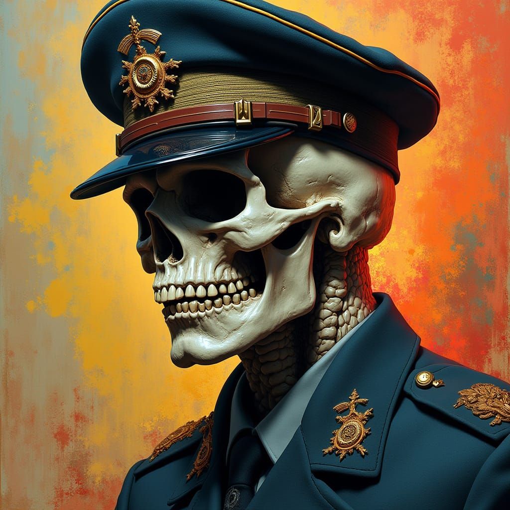 Hyperrealistic Skull-Faced Officer in Dramatic Lighting