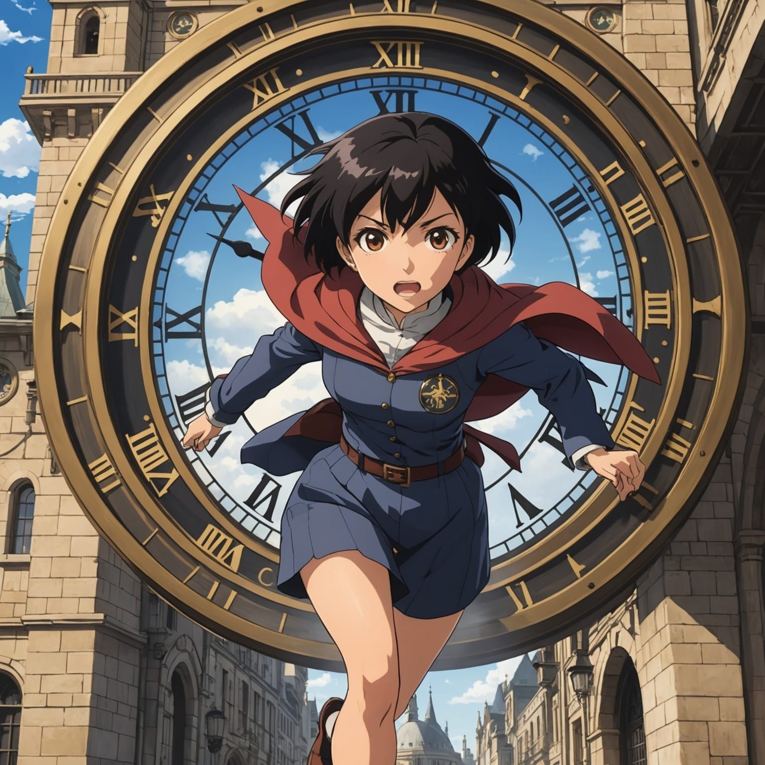 Anime Woman Runs in Clock Tower