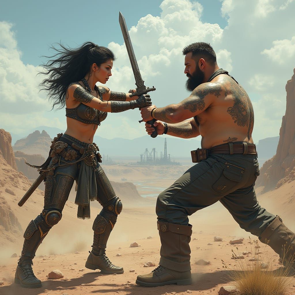 Armored Woman Clashes Swords in Badlands Landscape