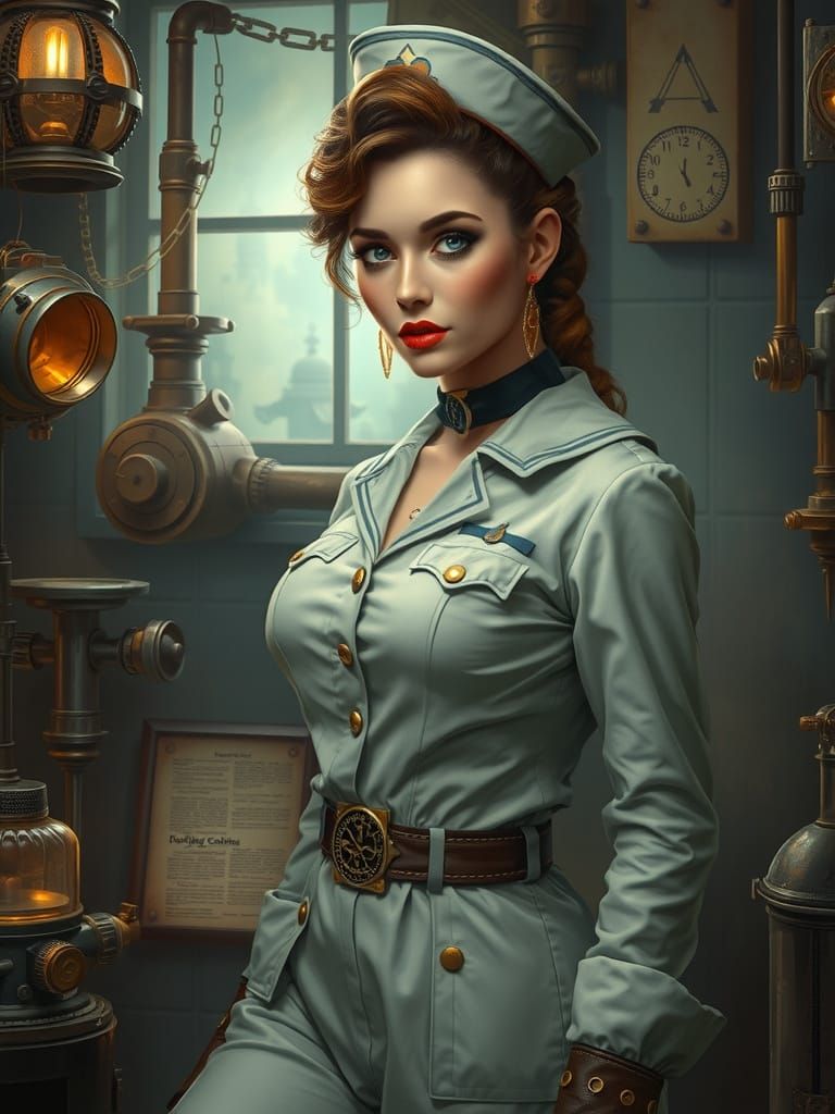 Steampunk Nurse in Naval Laboratory, Dark Etchings Style