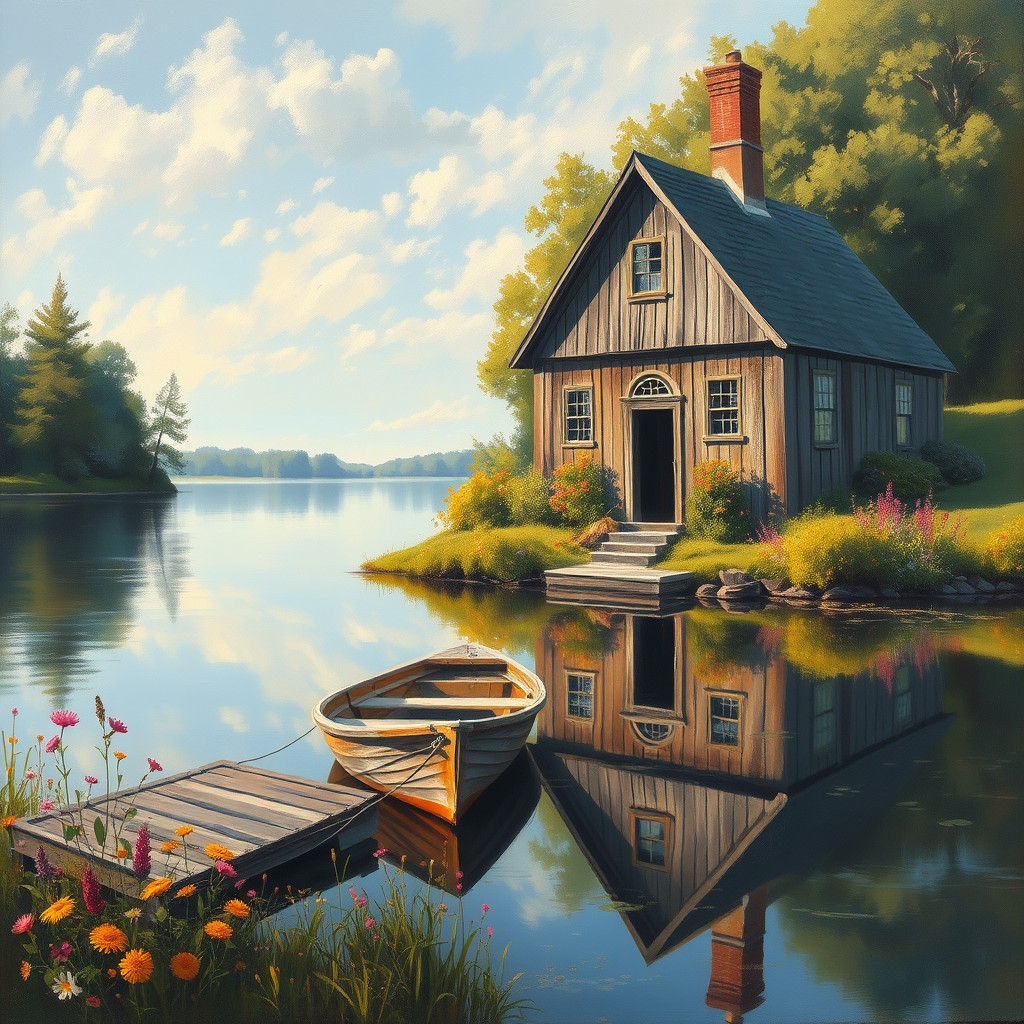 Lakeside Cottage in Impressionist Realism Style