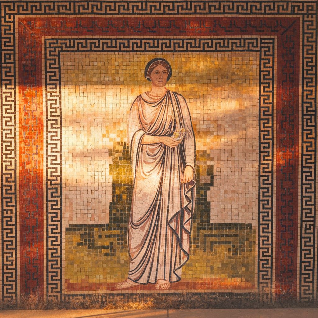 Ancient Greek Mosaic Artwork with Serene Woman