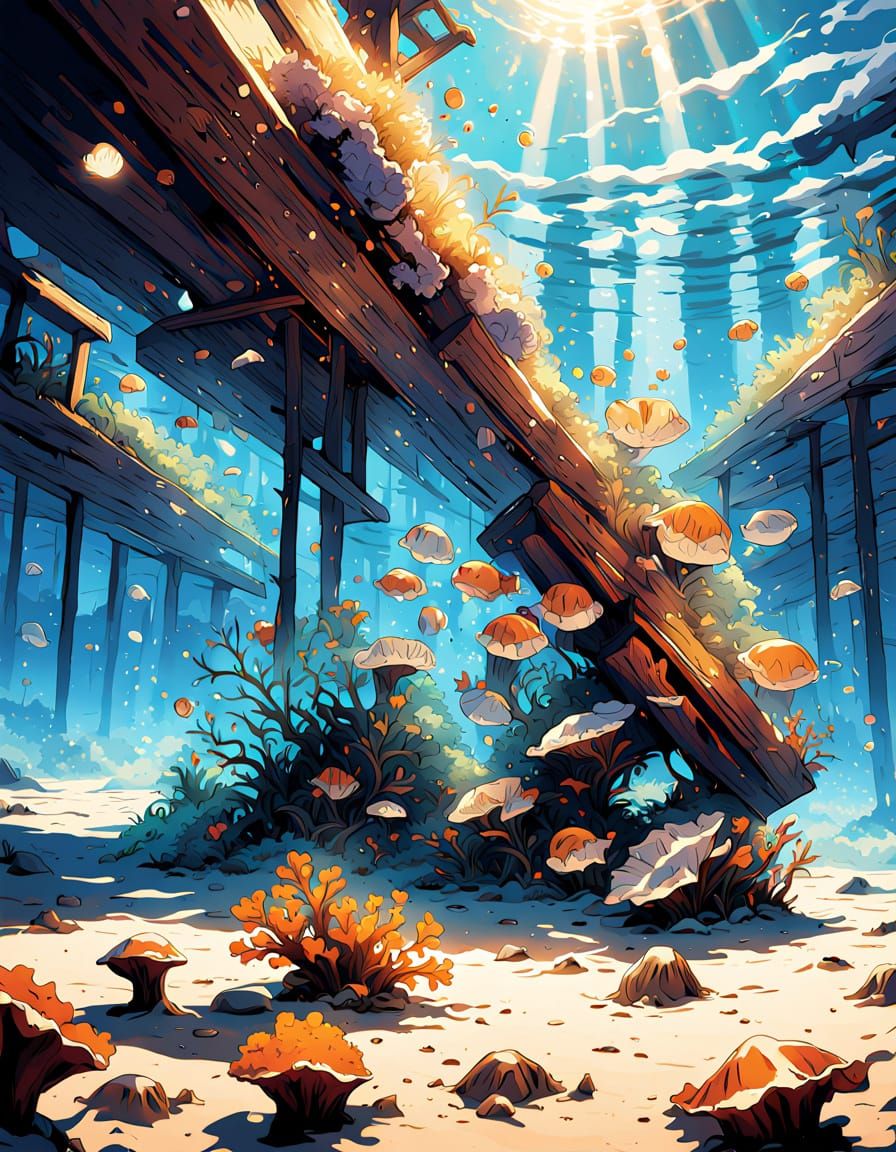 Barnacle-Covered Planks on Seabed in Vibrant Anime Style