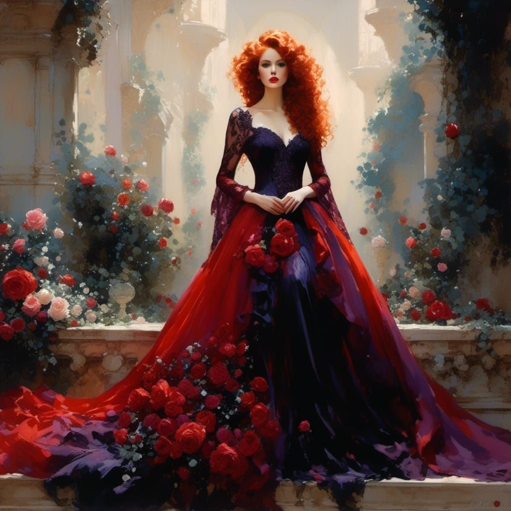 Red-Haired Goddess Portrait in Crayon Style