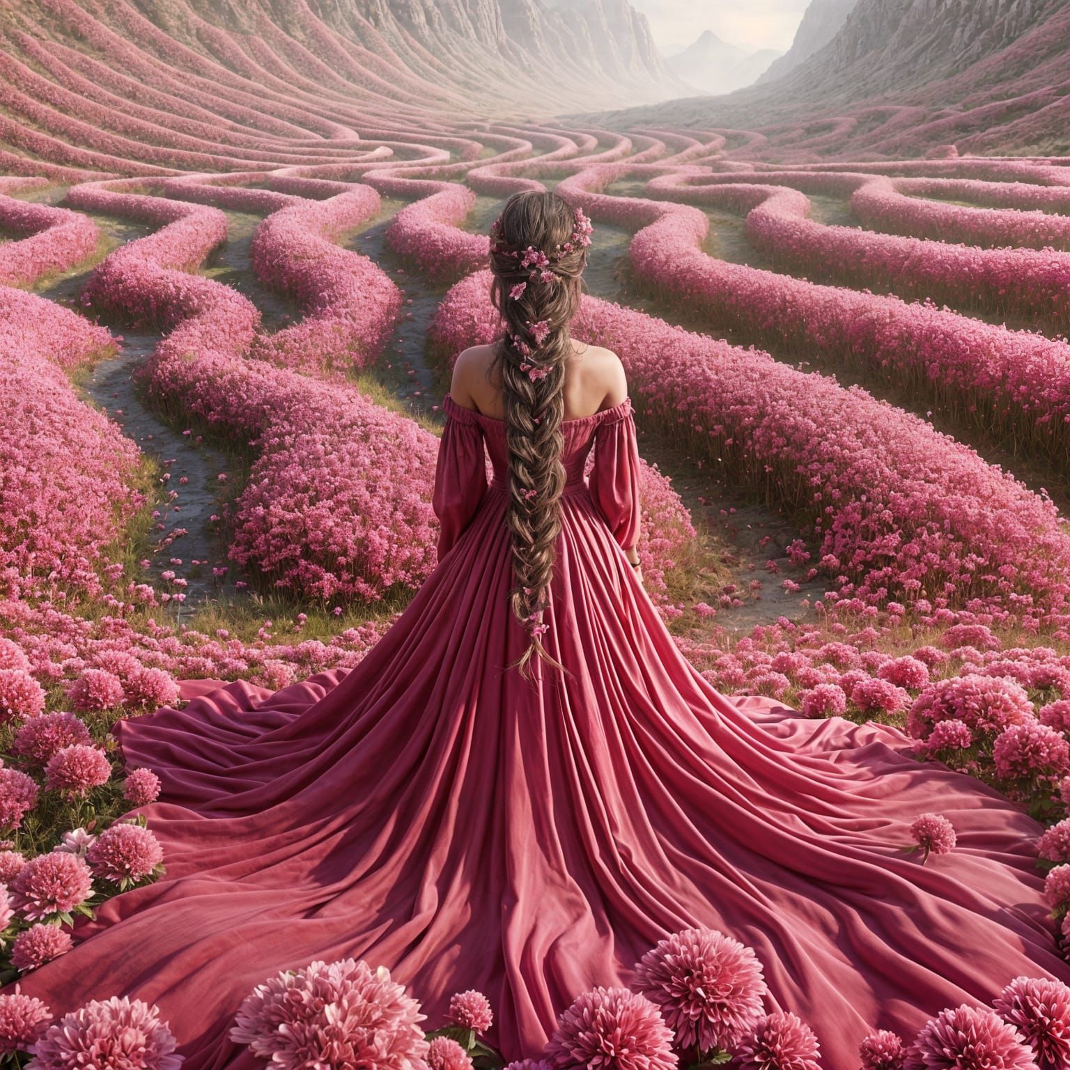Woman in Pink Dress in a Pink Flower Field