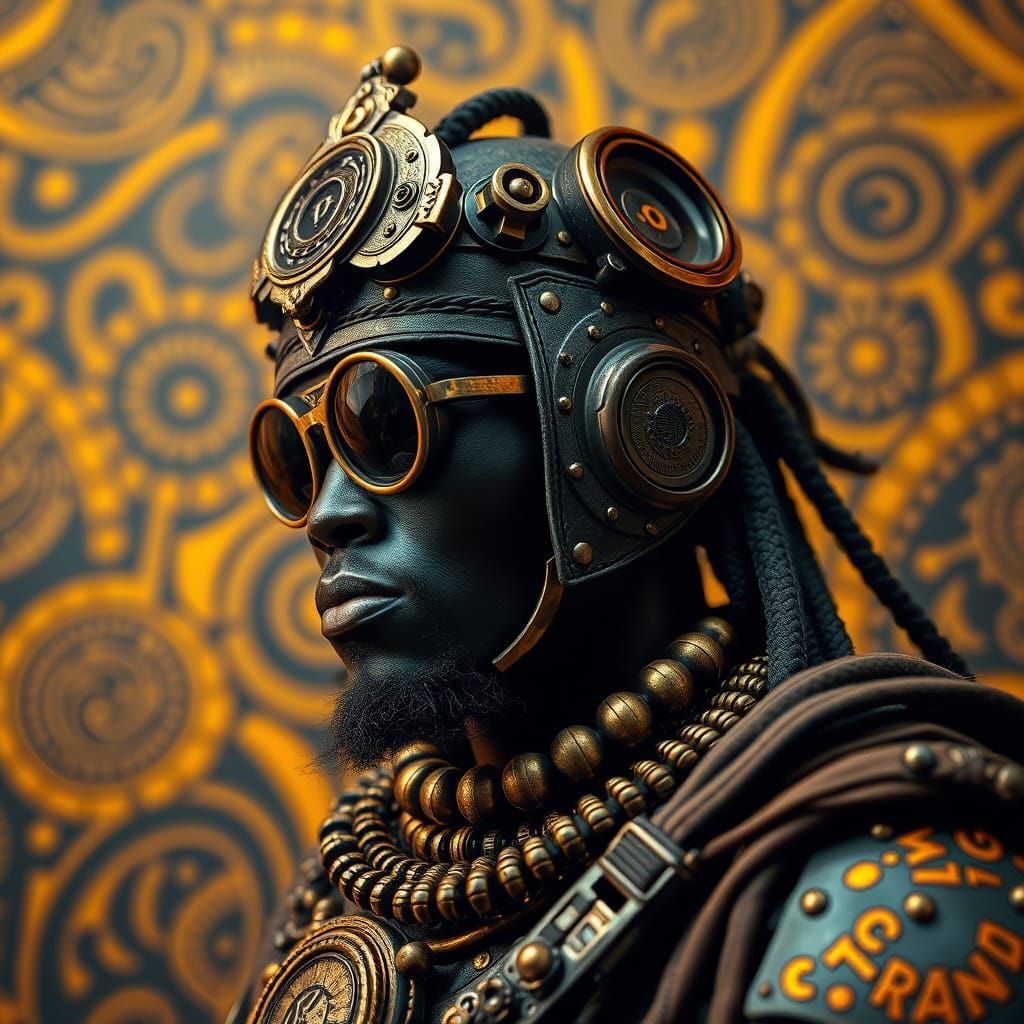 Steampunk Warrior Amidst Vibrant African Patterns