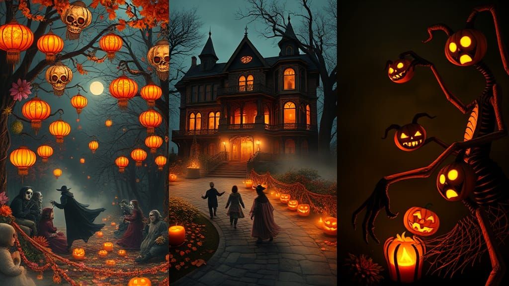 Eerie Autumn Festivities in Split-Screen Triptych