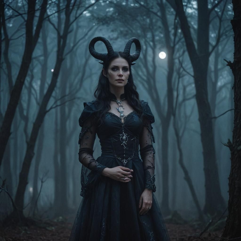 Mystical Capricorn Woman in Moonlit Forest