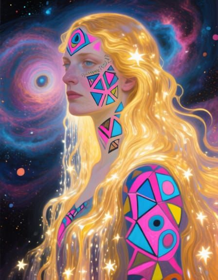 Magical Woman with Cosmic Hair in Neon Hues