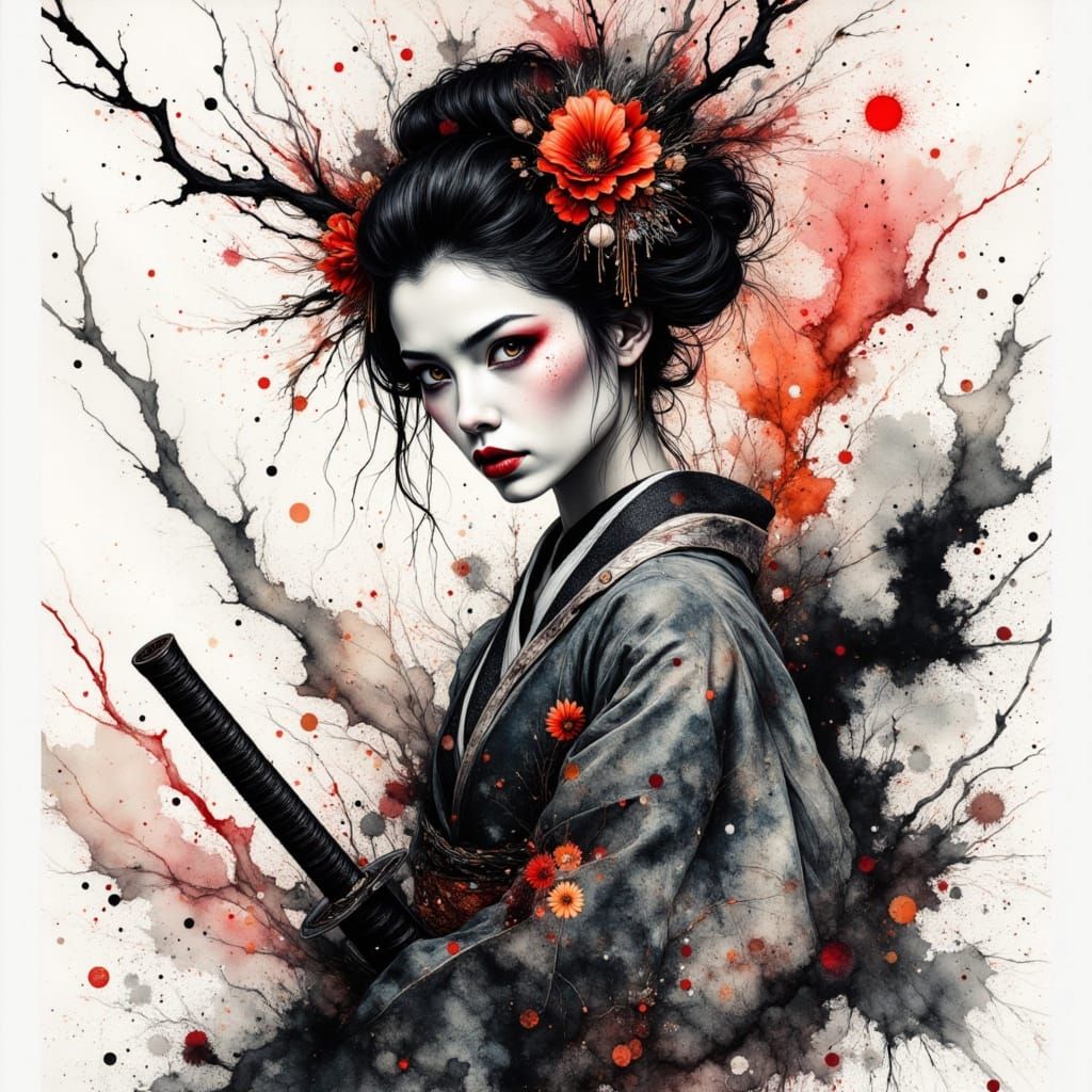 Fierce Geisha with Katana in Dynamic Ink Style