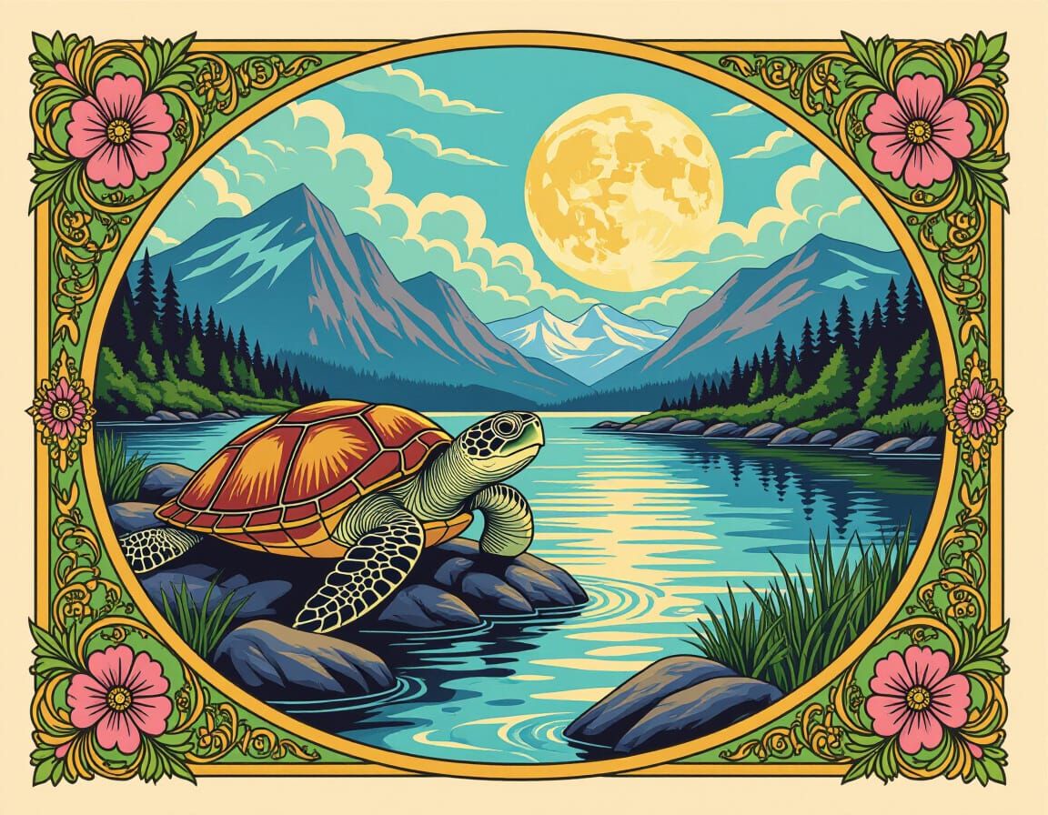 Surreal Turtle Rock in Estuary, Art Nouveau Style