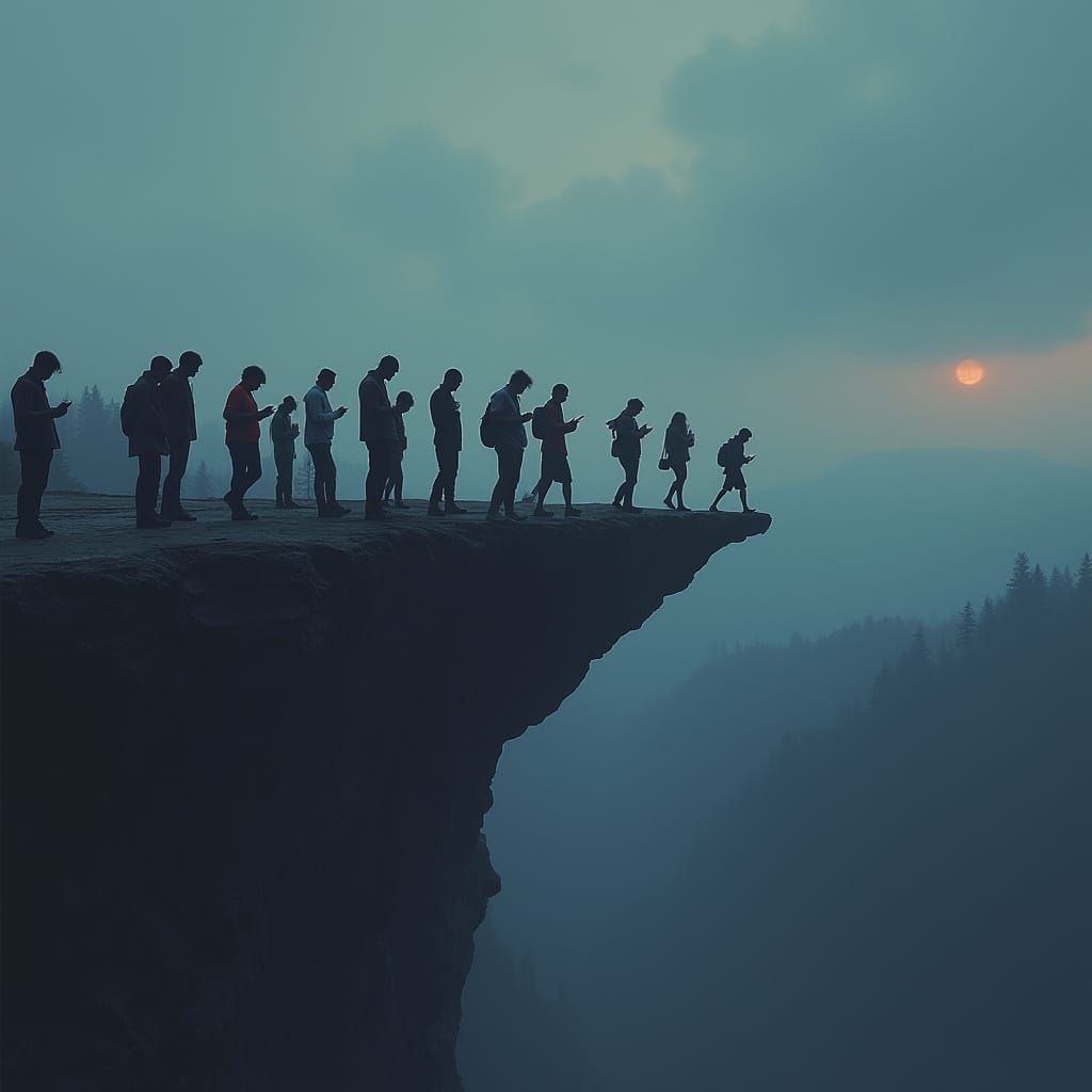 People Walk Off Cliff Gazing at Phones: Stylized Realism
