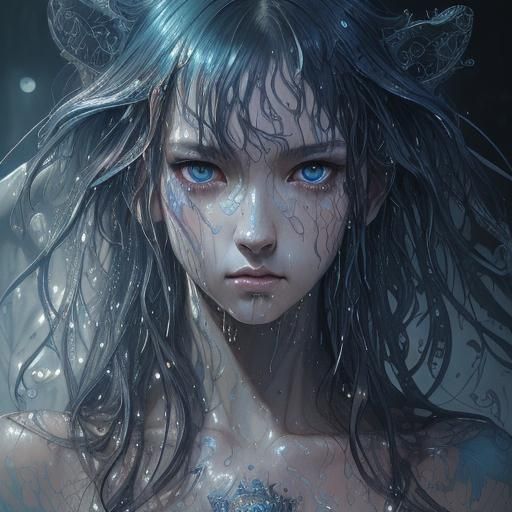 shiny detailed sharp prismatic eyes, sad expession, soggy wet sopping wet, by Awwchang and James Christensen and CGSocie...