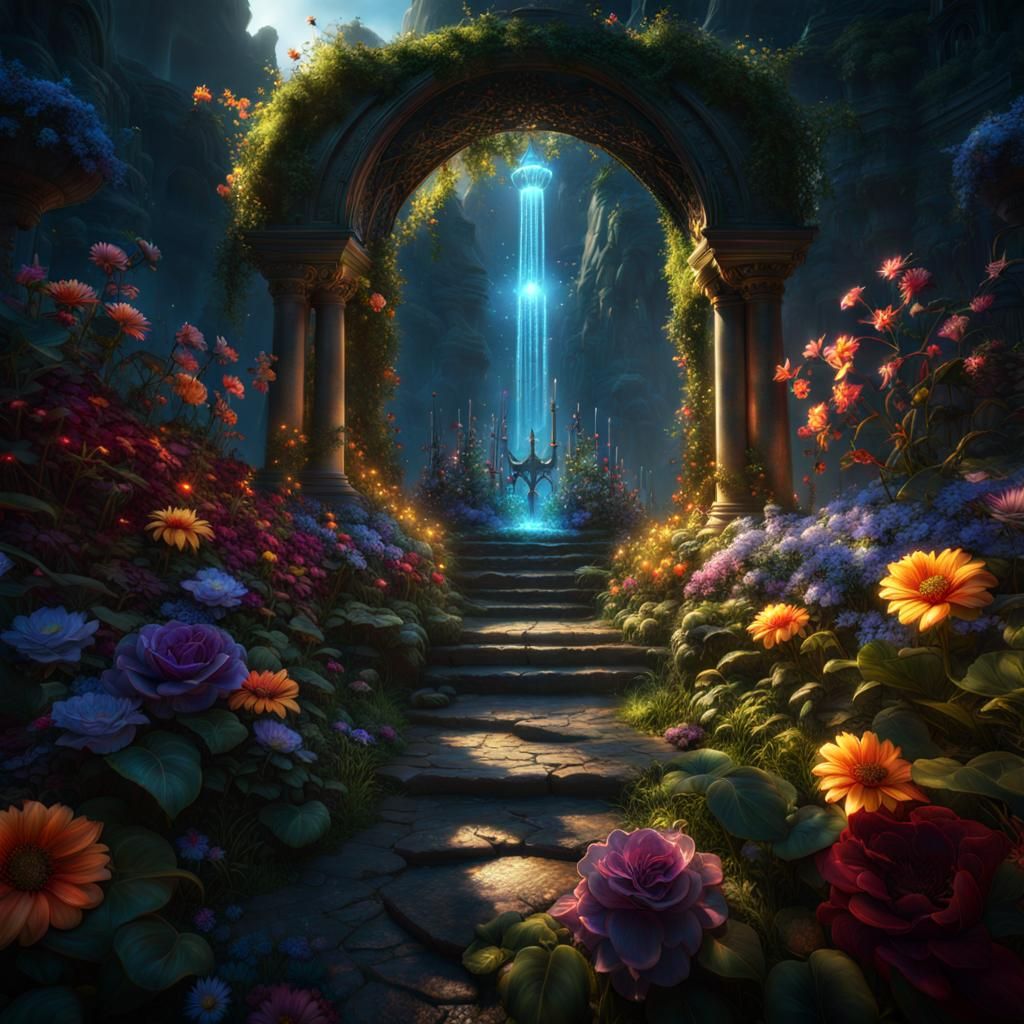 Eternal Garden of Celestial Light: Dark Fantasy Art