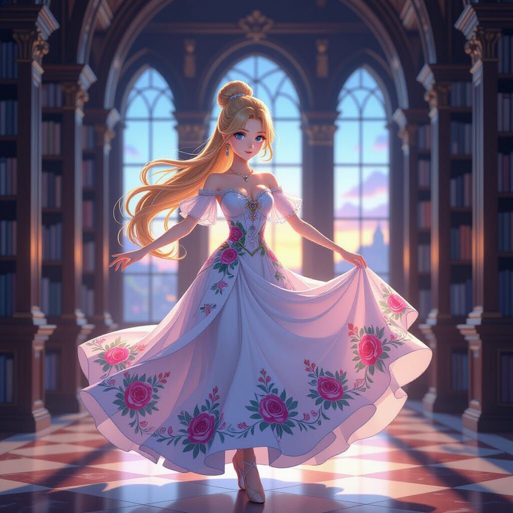 Ballerina Dances in Library, Anime Style 3D Render