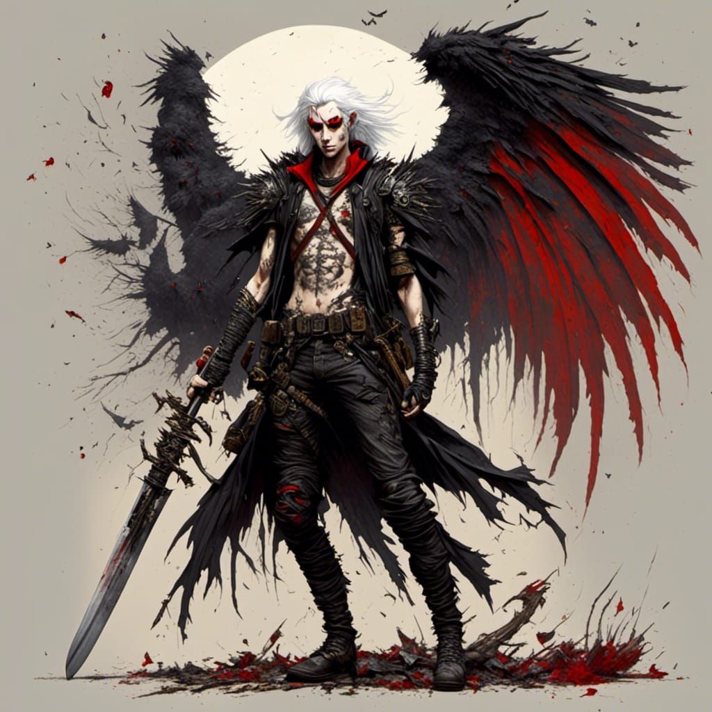 Half-Demon Warrior with Katana and Black Wings