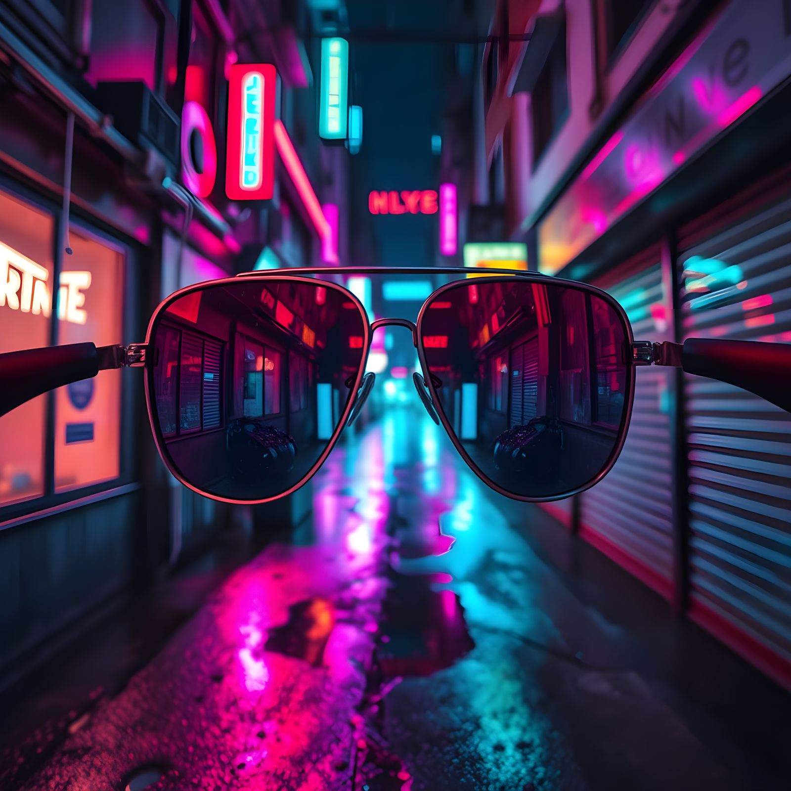 Cyberpunk Alley Reflection in Sunglasses