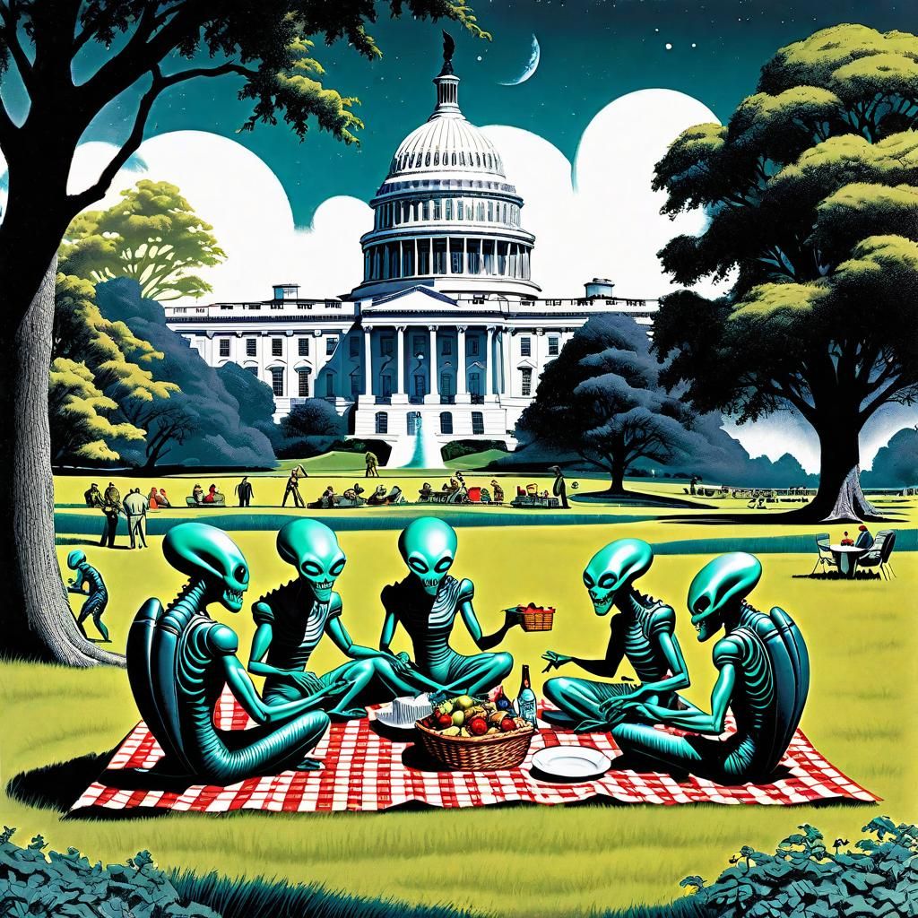 Aliens Picnic on White House Lawn: Vintage Postcard