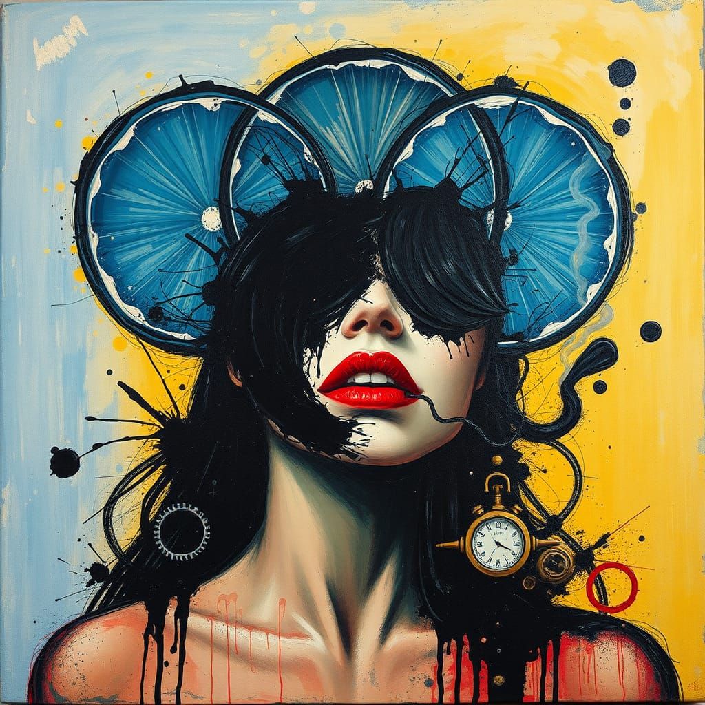 Abstract Expressionist Portrait with Red Lips