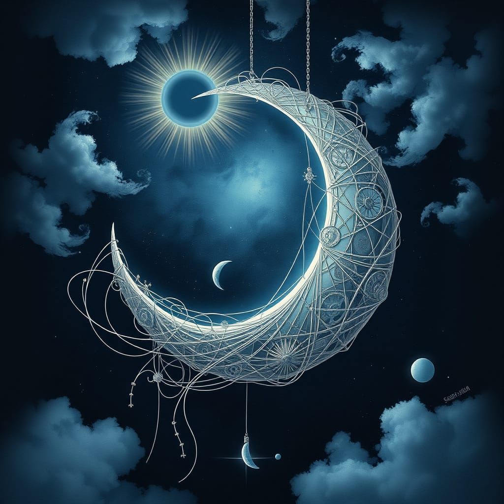 Steampunk Crescent Moon in Velvet Sky