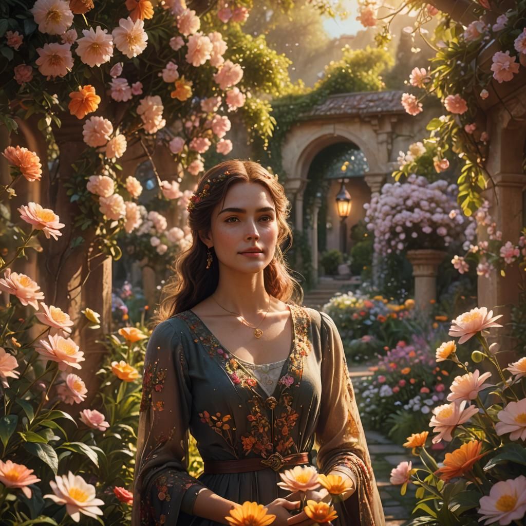 Dreamy Woman in Whimsical Garden, Magical Realism Style