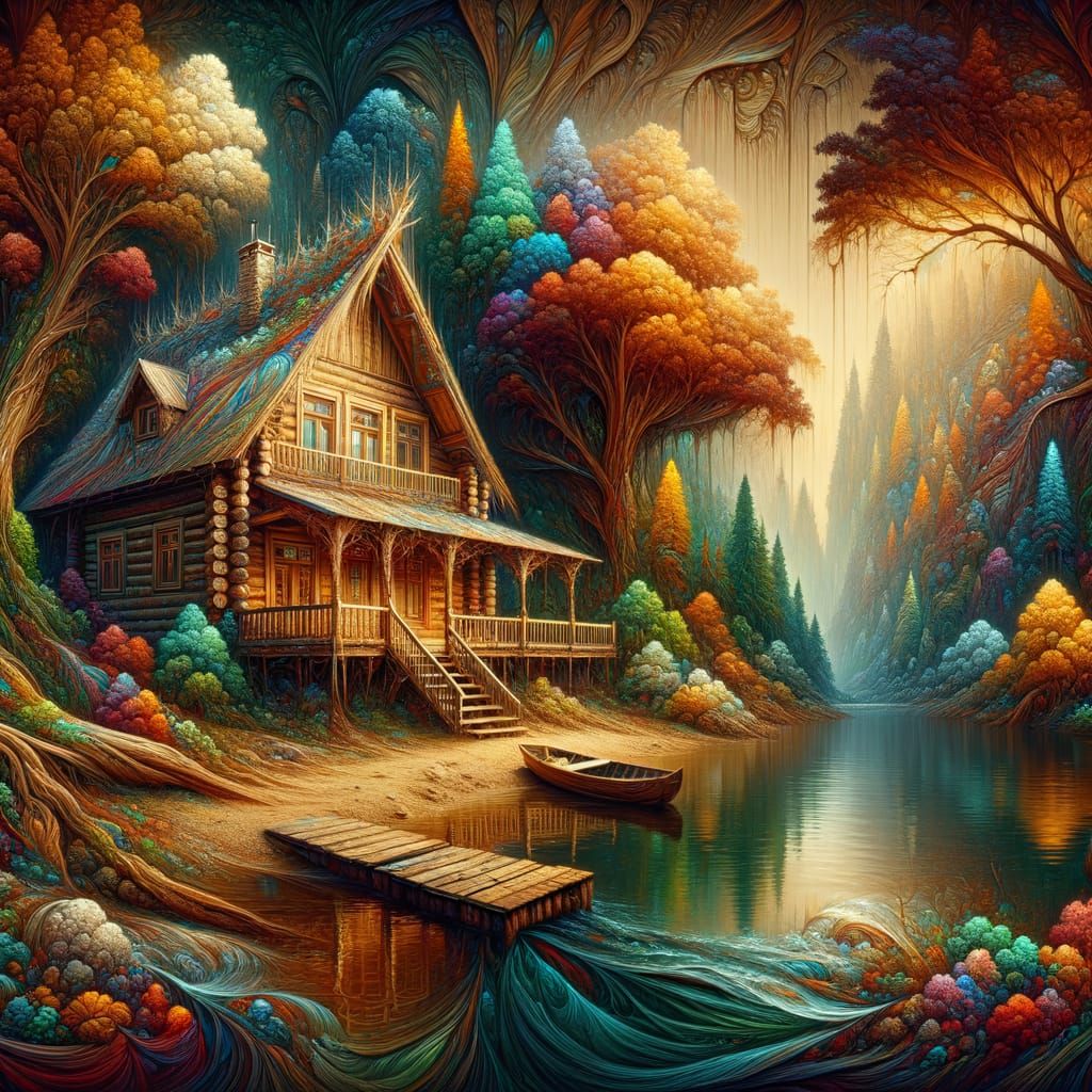 Fantastical Log Cabin on Riverbank in Fairy Tale Style