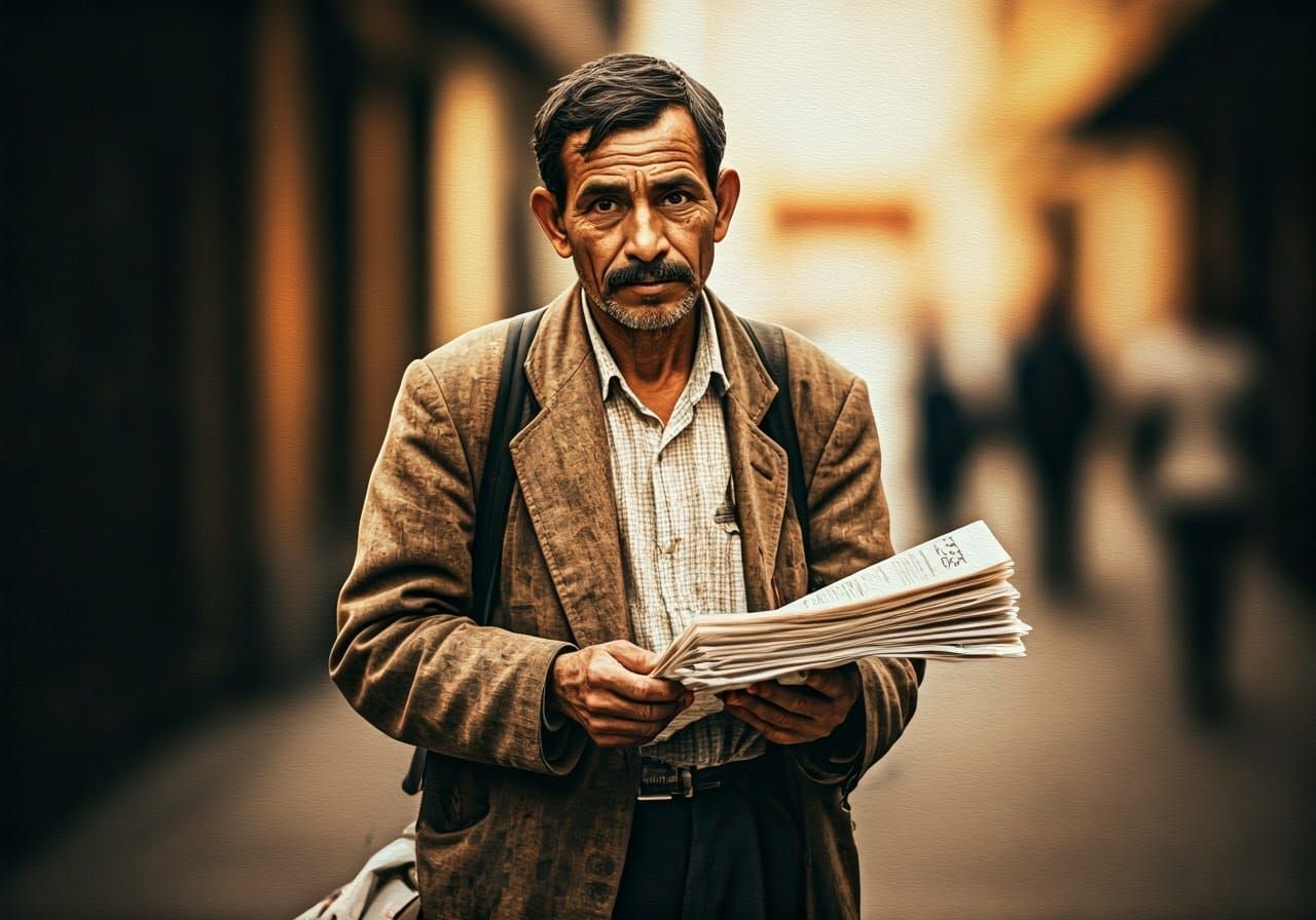 Newspaper and paint collage of a newspaper seller