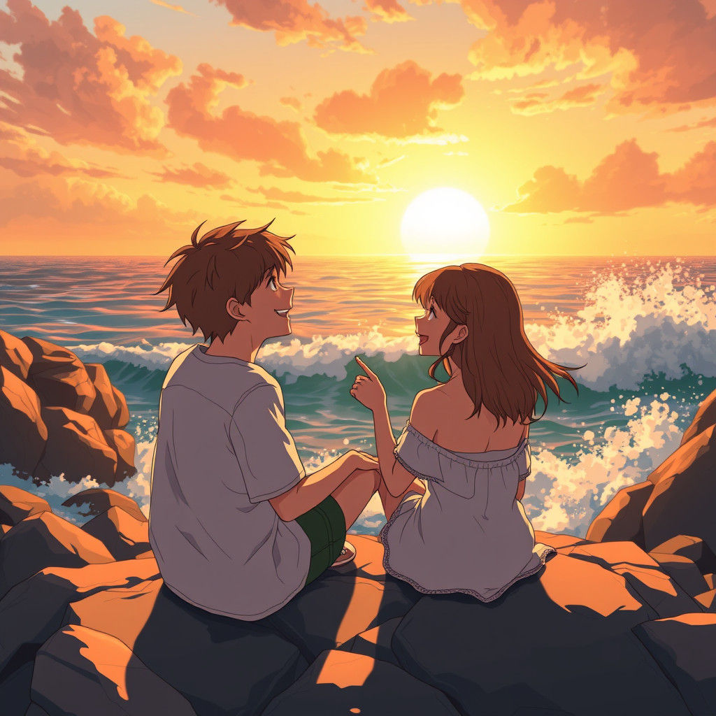 Teenagers Enjoying Sunset in Anime Key Visuals Style