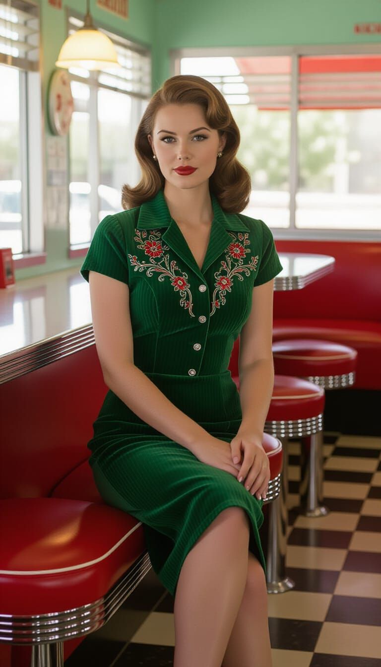 1950s Diner Scene with Woman in Embroidered Dress