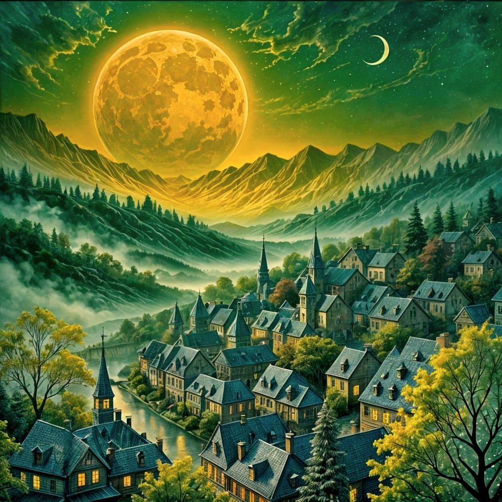 Pastel Moon Over Misty Town: Surreal Hyperrealism