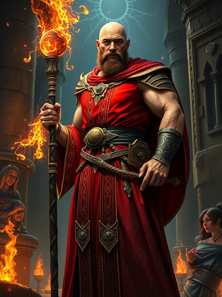 Majestic Fire Mage in Regal Red Robe, Golden Trim, and Ornat...