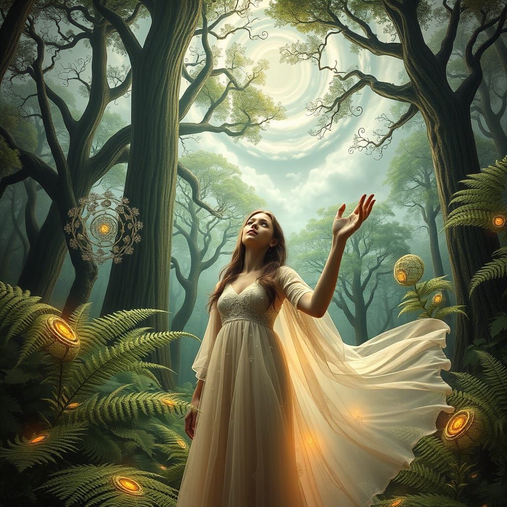 Ethereal Woman in Fractal Forest Landscape
