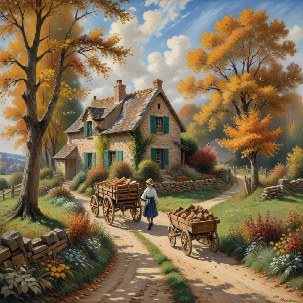 Rustic Autumn Village in Impressionist Style