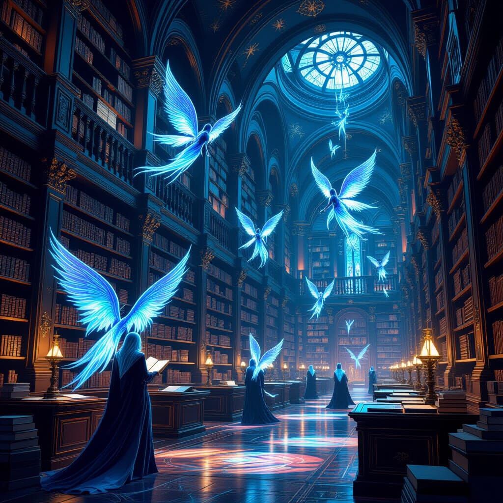a library where all the books are enchanted with magical sto...
