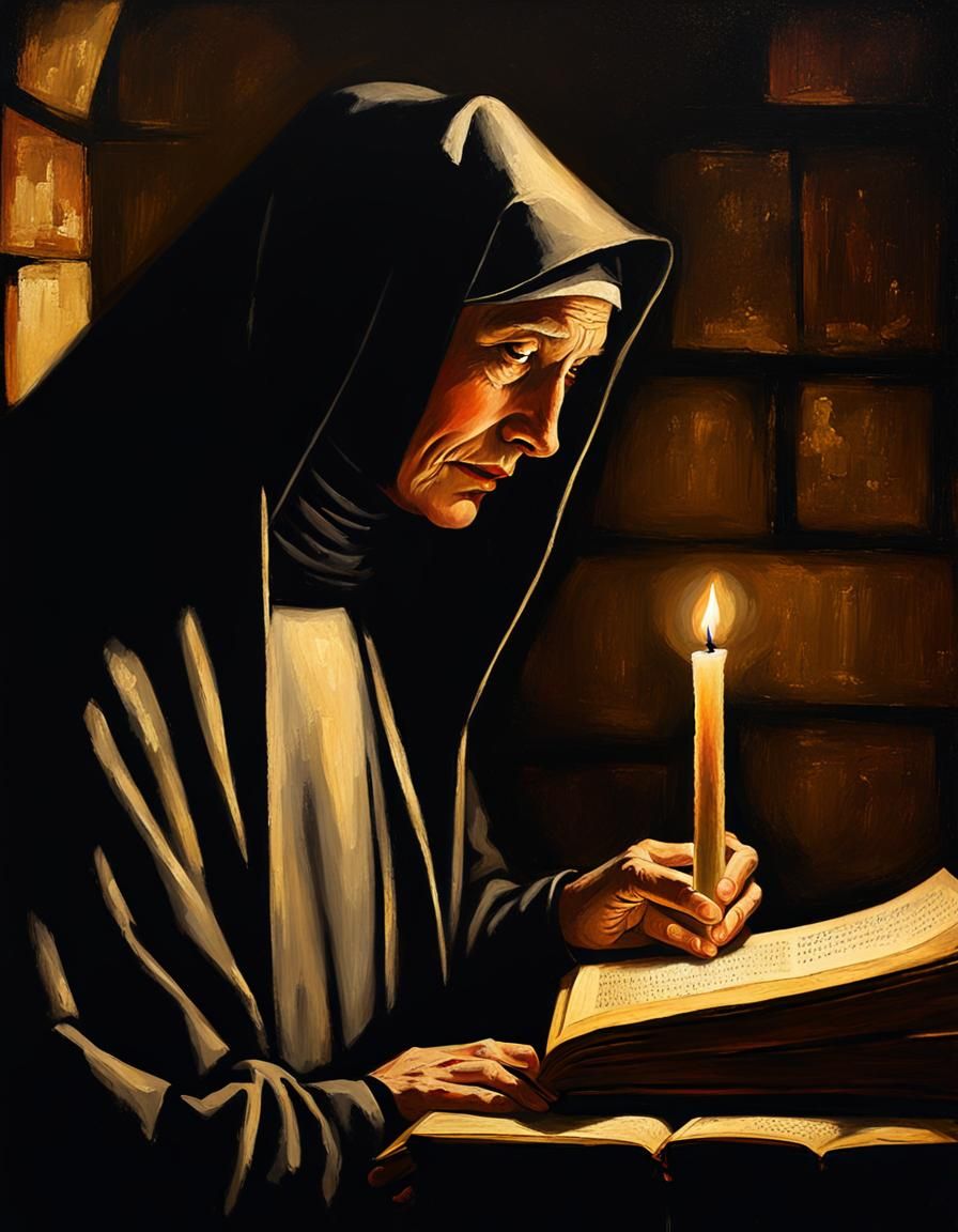 Medieval Nun Reading Manuscript in Chiaroscuro Painting