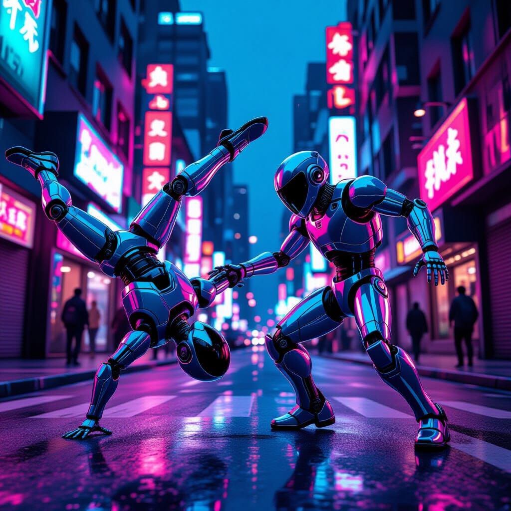 Robots Breakdancing on Urban Street Corner in Cyberpunk Styl...