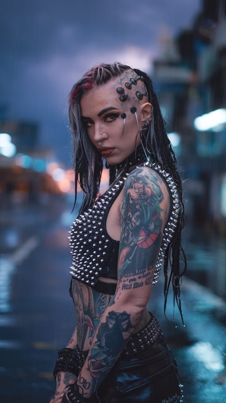 Punk Rock Cyborg Woman in Cyberpunk Cityscape