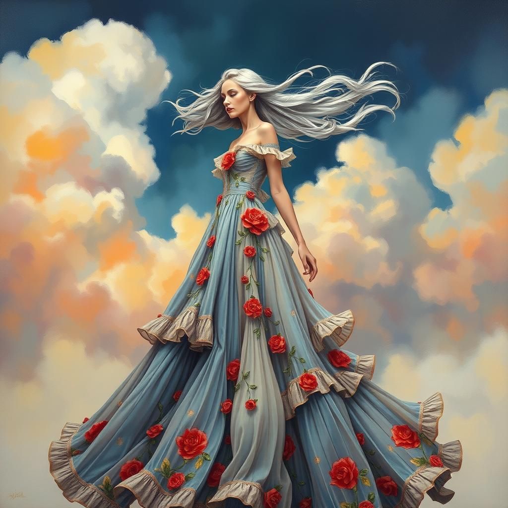 High Fashion Model in Exquisite Floral Gown